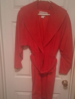 Bill blass Coral-Red Lined Leather Wrap Dress W Belt Size 6 W Shoulder Pads